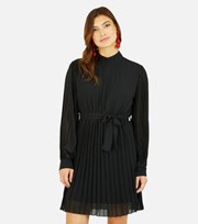 Mela Black Long Sleeve Pleated Belted Mini Dress